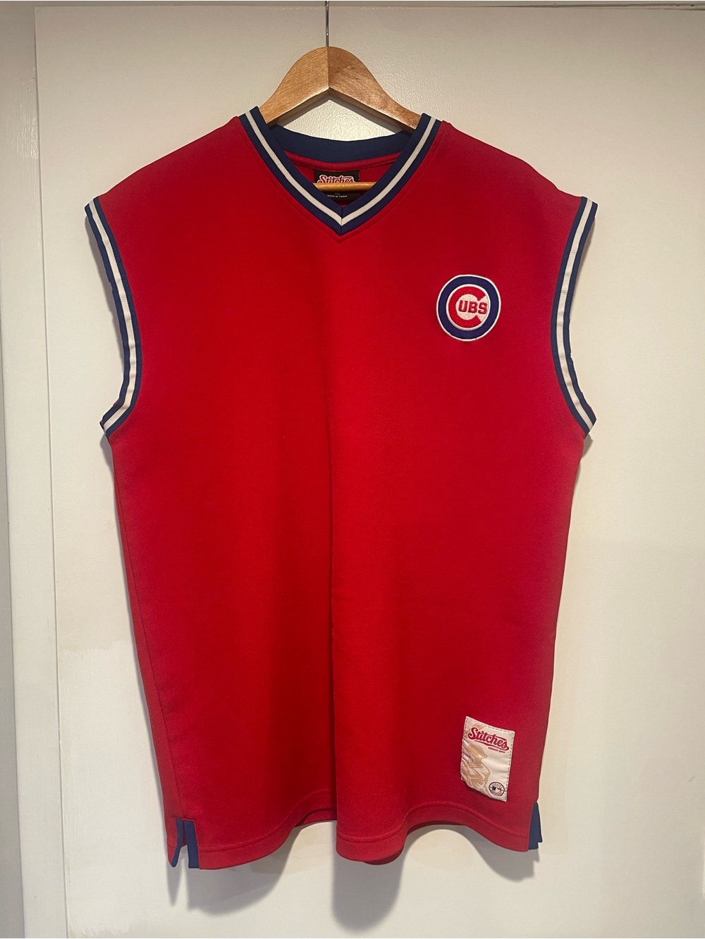 Men’s Stitches Red Sleeveless Cubs Patch Jersey Top with Navy Trim
